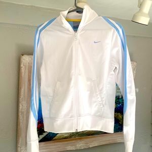 NIKE Women’s White Zip Up Jacket w/ Blue Stripes.